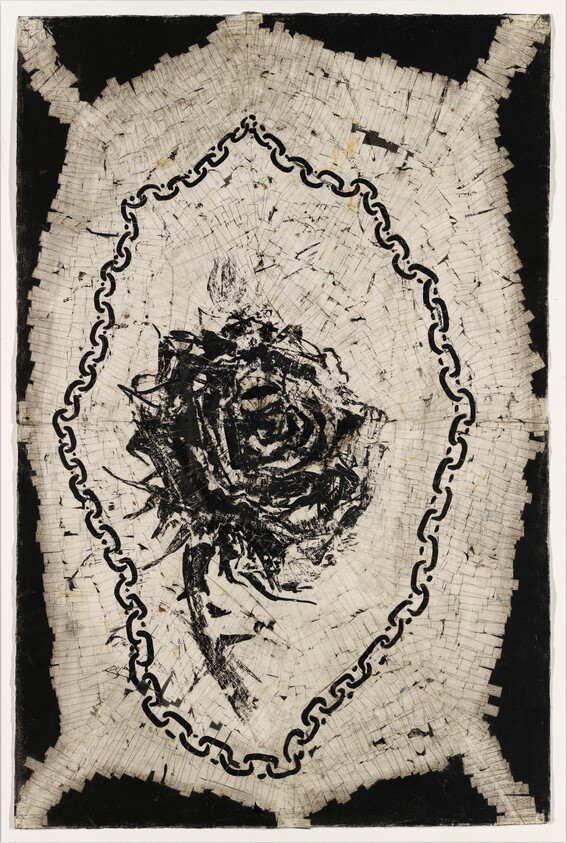 A distressed black rose print surrounded by a broken chain-like oval on cracked white background.