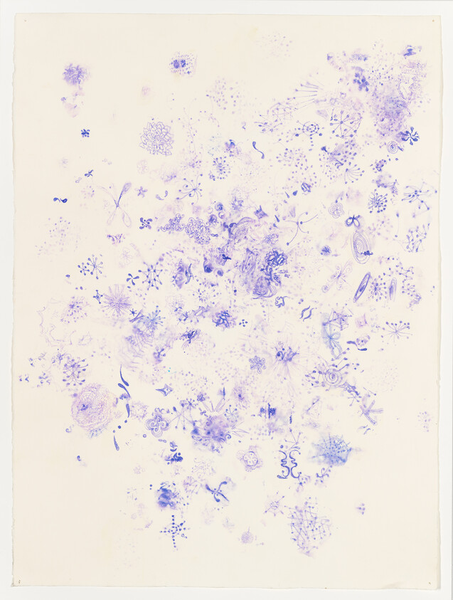 Delicate blue-purple ink doodles and floral, cellular shapes scattered across a white sheet of paper.