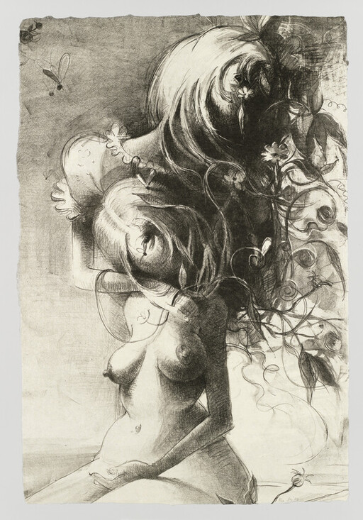 Nude woman seated with long flowing hair entwined with vines and flowers.