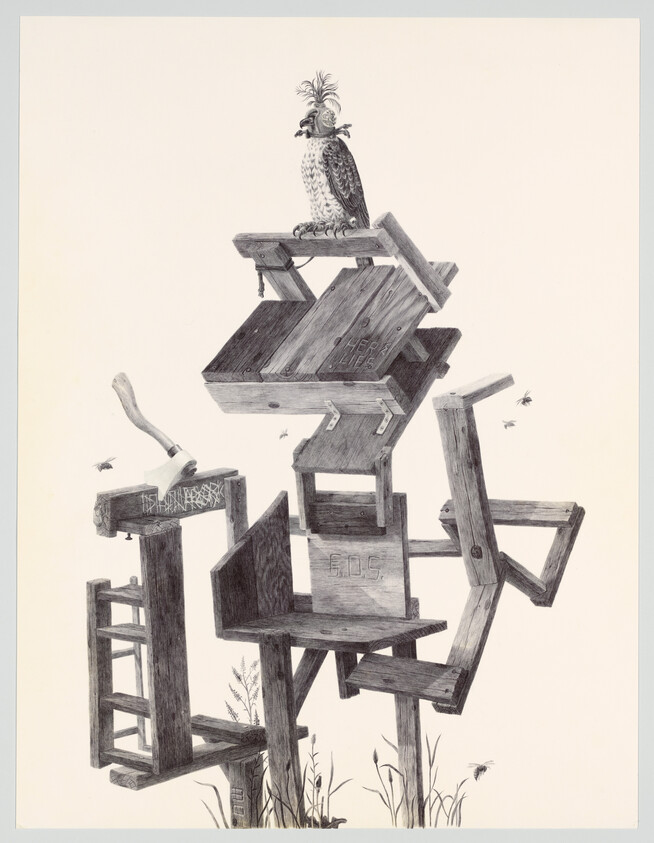 A crested hawk perched atop a tall, makeshift wooden structure with bees nearby.