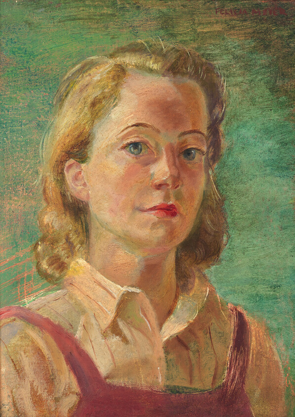 Young woman with blonde hair and red dress gazing directly at the viewer.