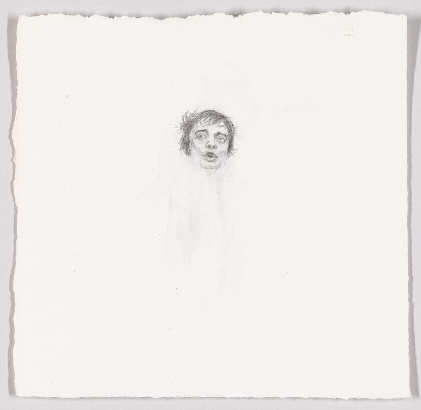 A faint pencil sketch of a distressed young person's head floating near the top center of the page.