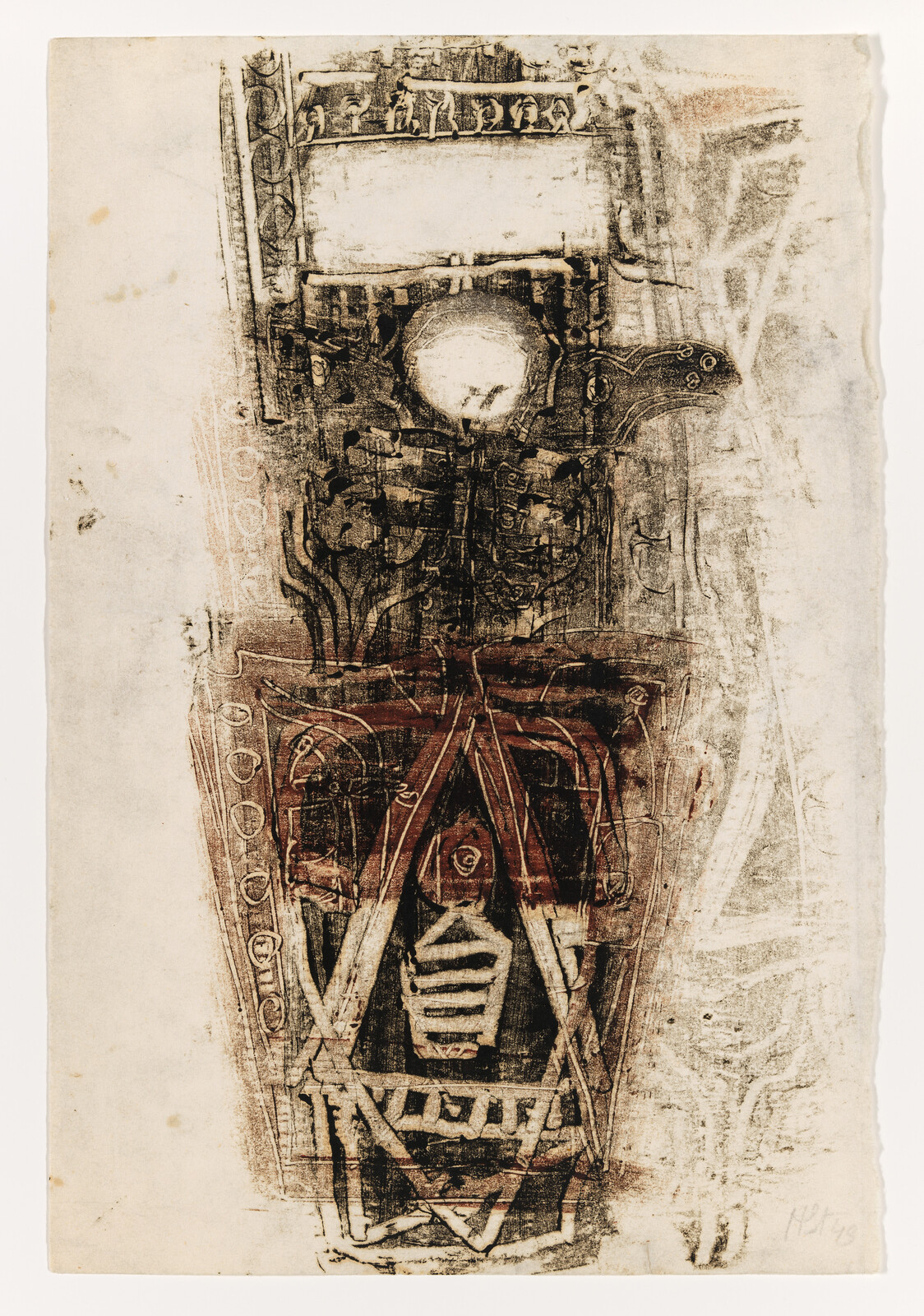 A faded vertical abstract print showing a stylized coffin-like figure with geometric and skeletal motifs.
