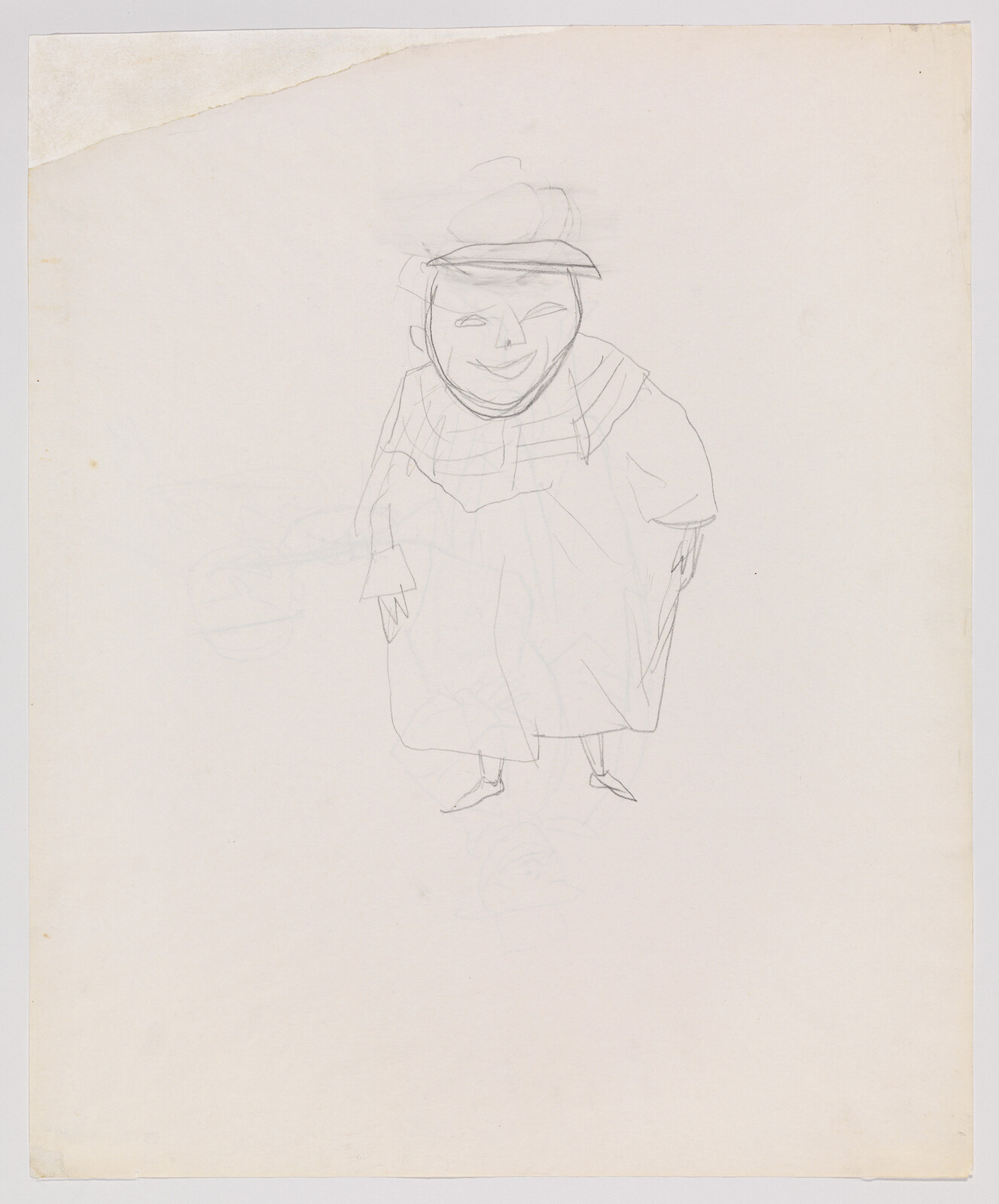 A rough pencil sketch of a smiling person wearing a hat and long coat, standing.