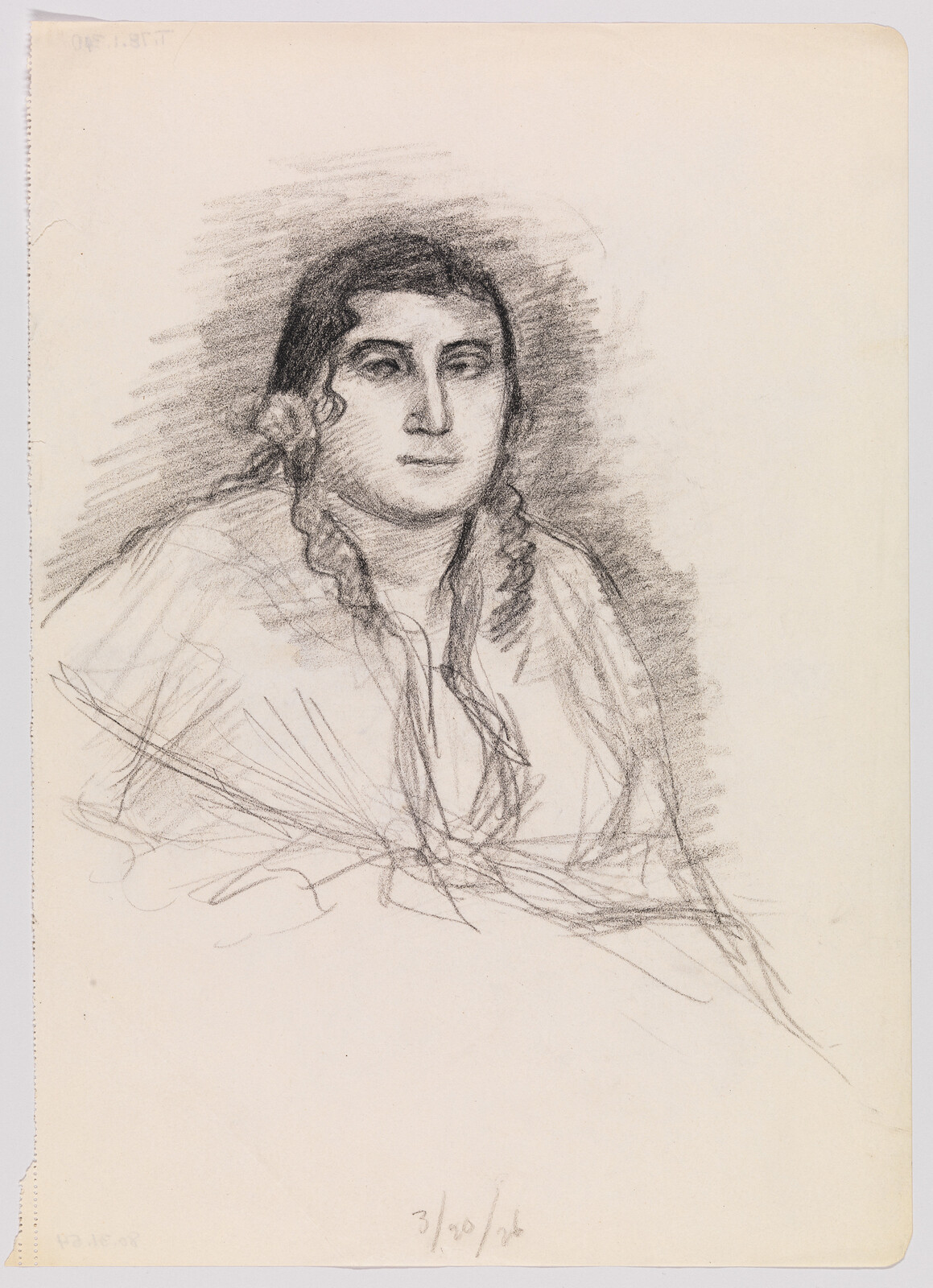 Woman with braided hair gazes forward in a loose charcoal portrait sketch.