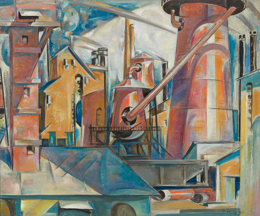 Colorful industrial factory scene with towering furnaces, chimneys, and angled conveyor machinery.