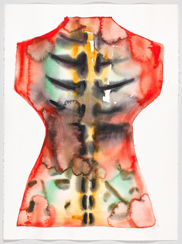 Abstract watercolor painting resembling a blouse with a blend of red, yellow, and black splotches on a white background.