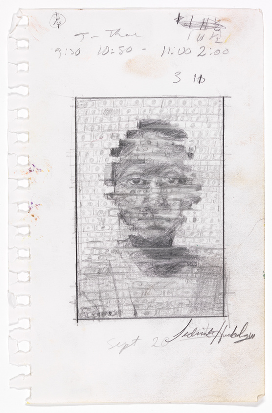 A sketch of a person's face overlaid with a grid pattern on a piece of paper with handwritten notes and times around the edges. The artist's signature and the date "Sept 20" are written at the bottom. The paper shows signs of wear and tear with perforations on the left edge.