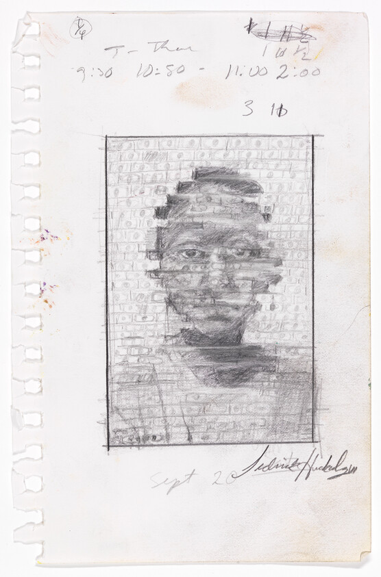 Pencil sketch of a face with horizontal shading on a torn notebook page with handwritten notes.