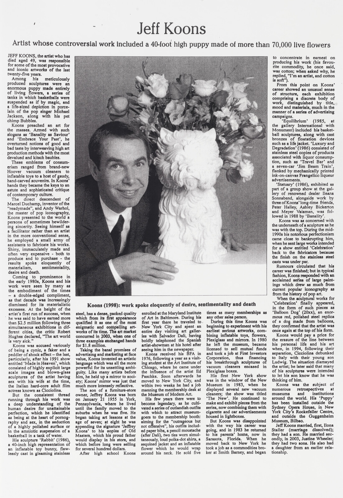 Jeff Koons smiling beside a large flower-covered puppy sculpture on a newspaper article page.