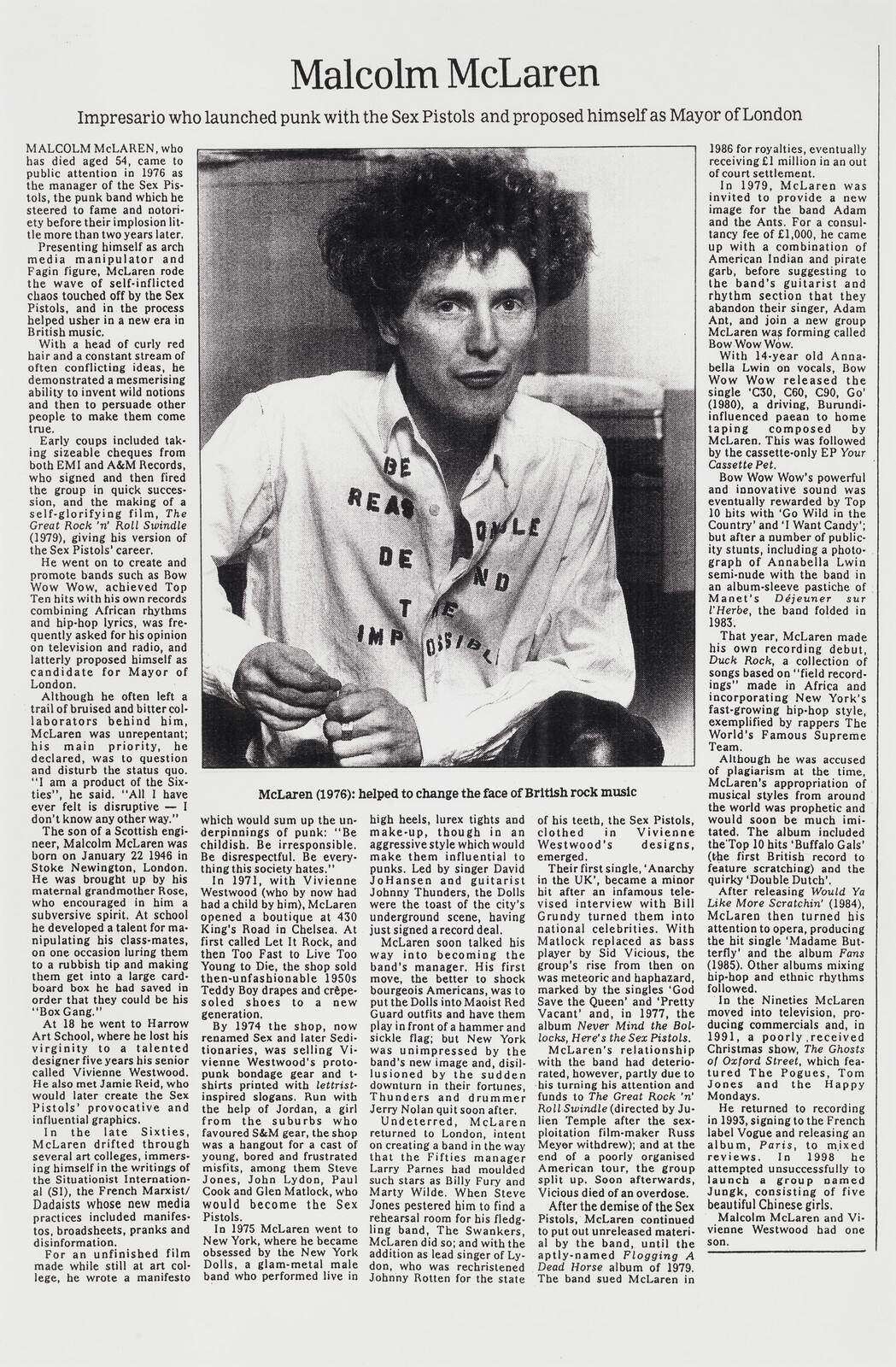 Malcolm McLaren portrait accompanying a newspaper article about his role launching punk music and managing Sex Pistols.