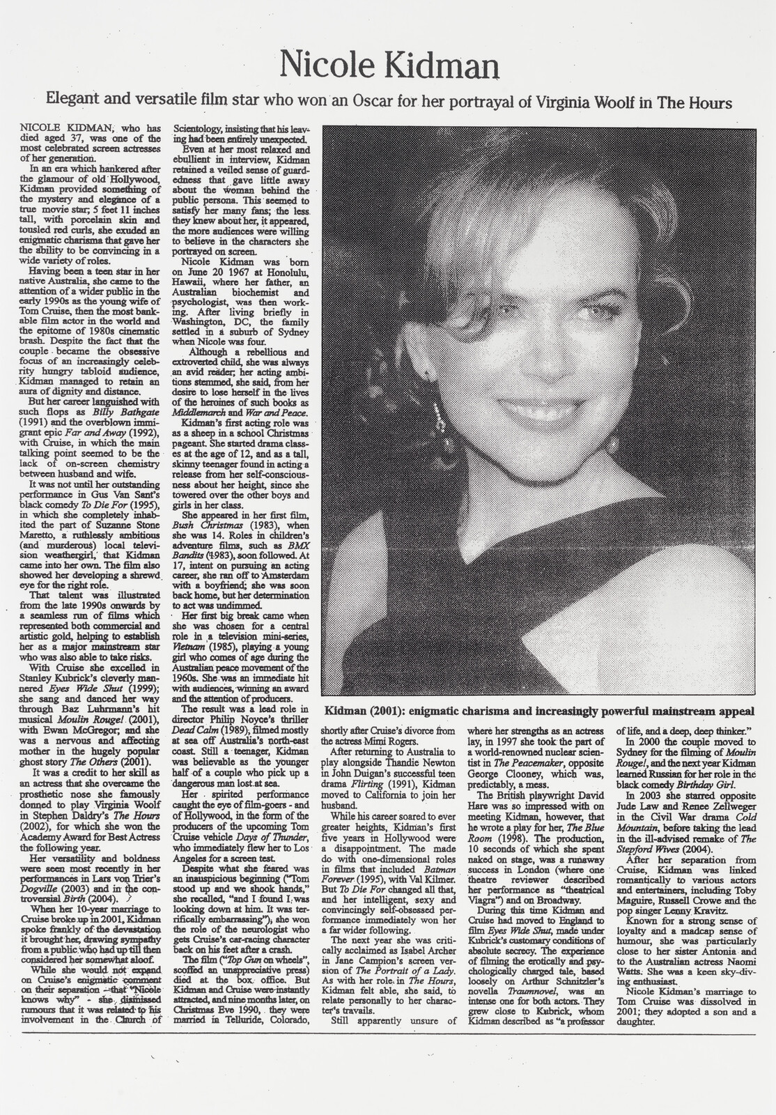 Large newspaper feature with a portrait of a smiling female actress and accompanying biographical text.