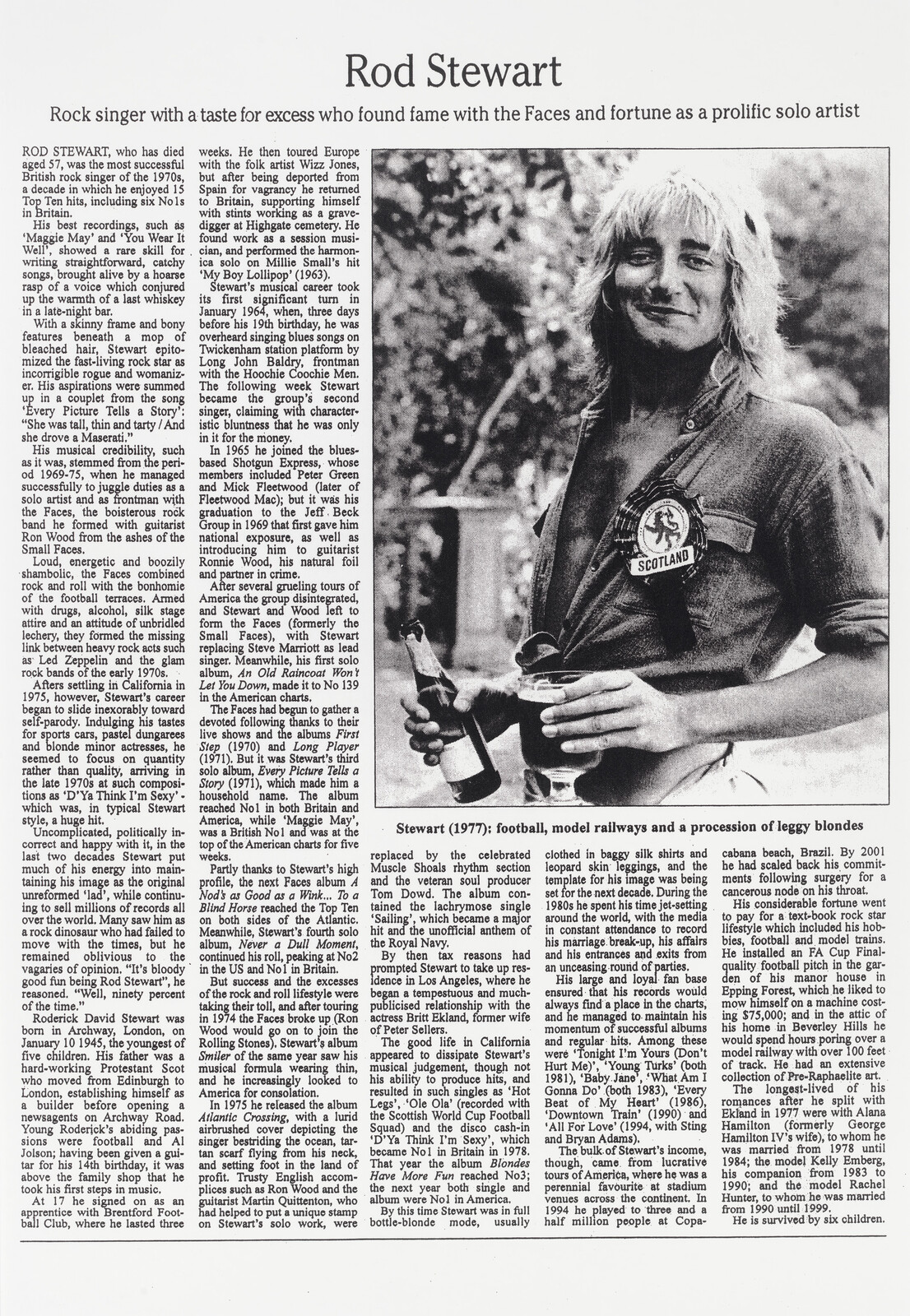 Rod Stewart portrait beside an obituary-style article, smiling and holding drinks with a Scotland badge.