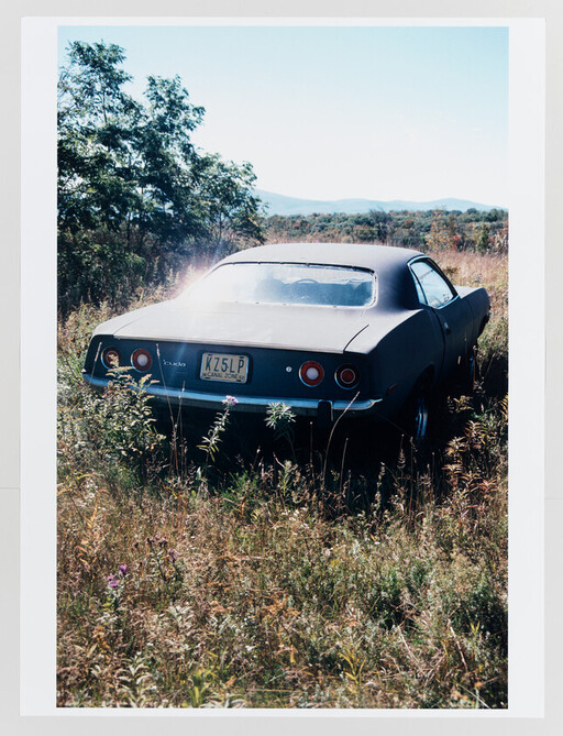 A dusty vintage car sits abandoned in a sunlit overgrown field surrounded by tall grass.
