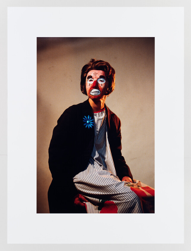 Person wearing a theatrical white-and-red mask and dark jacket with a blue flower pin, seated.