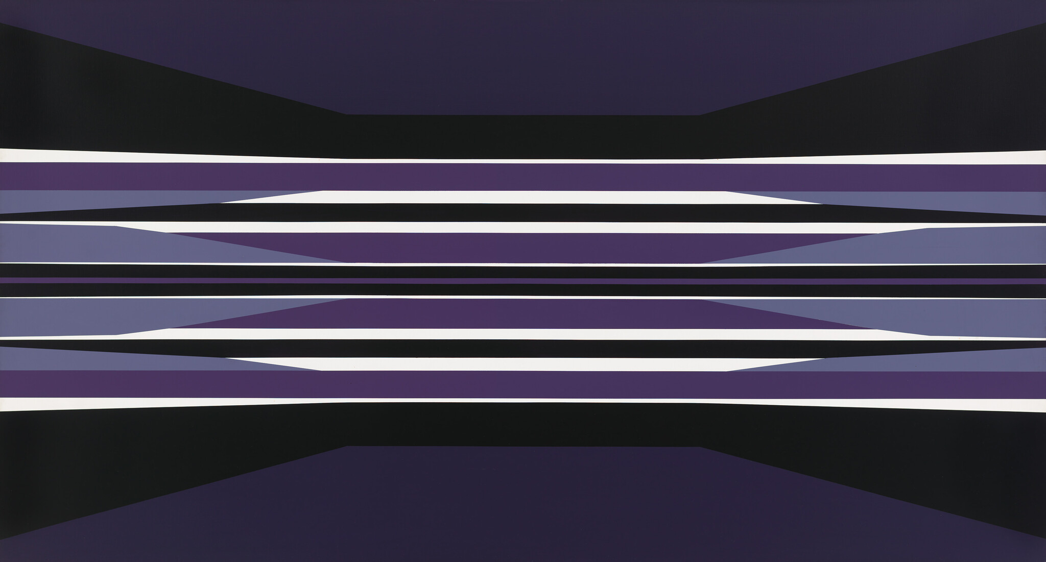 A digital abstract artwork featuring a symmetrical pattern of horizontal stripes in various shades of purple and white, set against a dark background. The stripes have a wave-like distortion creating a sense of movement.