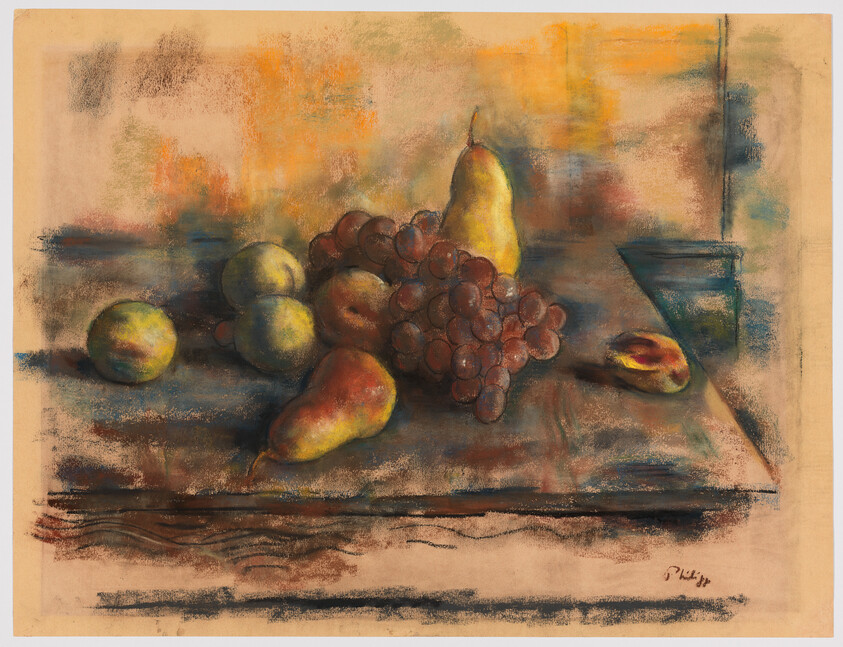 A pastel still life showing pears, a cluster of grapes, and apples arranged on a tabletop.