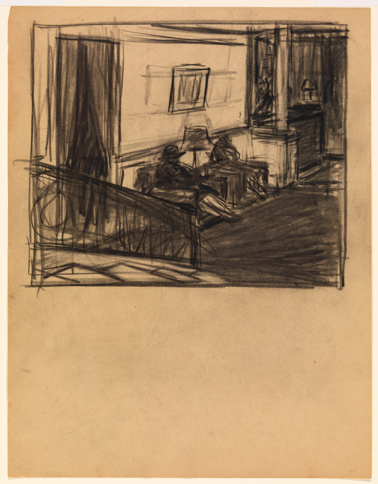 Two people sit on chairs in a dim living room near a lamp and fireplace.