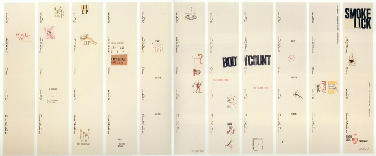 A series of tall beige vertical panels with small illustrations and scattered text.