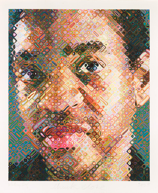 Close-up mosaic portrait of a smiling man made from colorful geometric tiles.