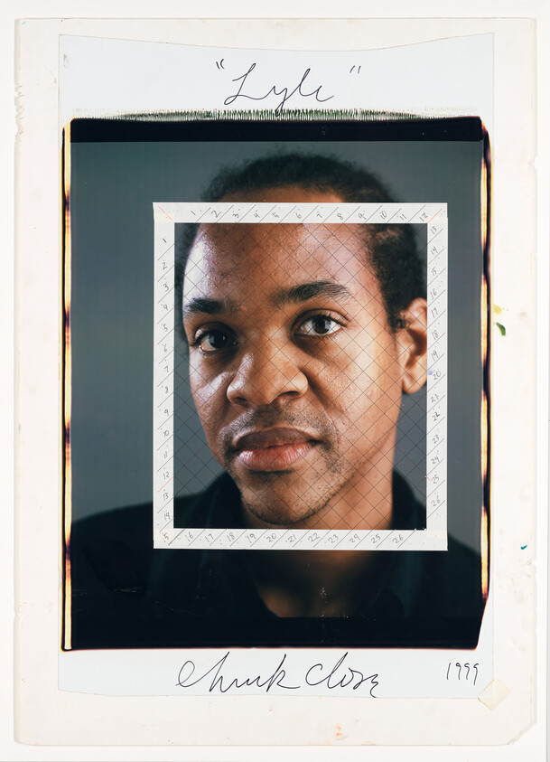 A man looks forward with a neutral expression; handwritten text reads “Lyle” and “Chuck Close 1999.”