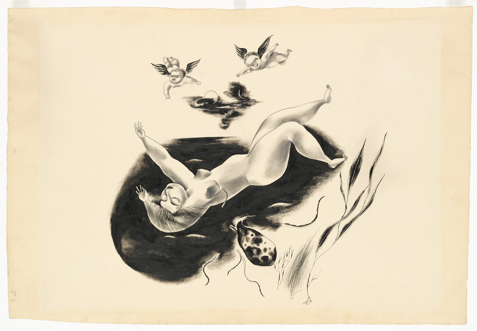 A nude woman floats face-up in dark water while two cherubs hover above.