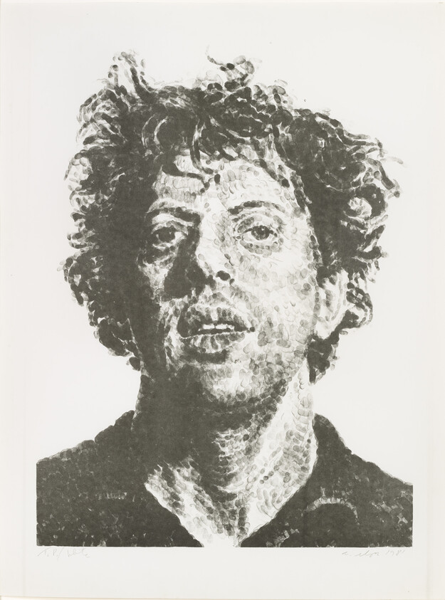 A monochromatic artwork depicting a man's face with expressive features and curly hair, rendered in a style that uses a pattern of circular marks to create shading and texture. The image has a signature at the bottom left corner.