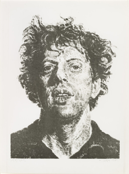 A close-up portrait of a curly-haired man with textured brushwork and slightly open mouth.