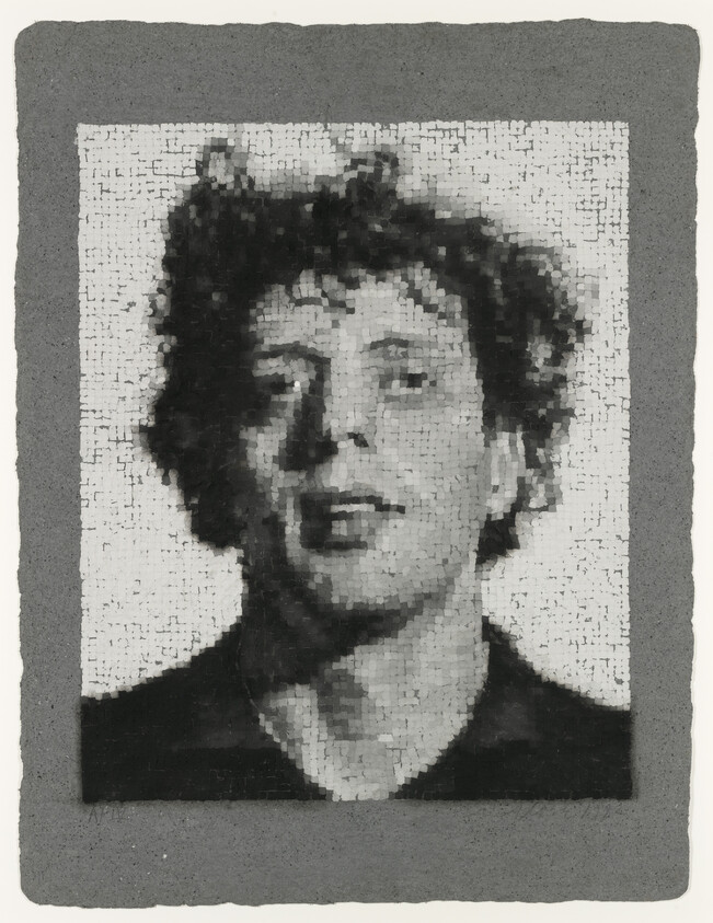 A grayscale mosaic portrait of a person with curly hair and a contemplative expression, set against a gray background. The mosaic tiles create a pixelated effect, with varying shades of black, white, and gray composing the facial features.