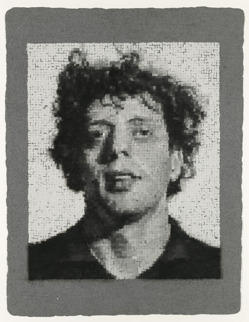 Portrait of a person with curly hair looking slightly upward, rendered in a pixelated mosaic style.