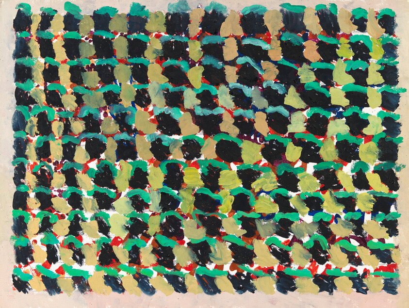 Abstract painting of layered green, black, and tan brushstrokes arranged in a loose grid with red accents.