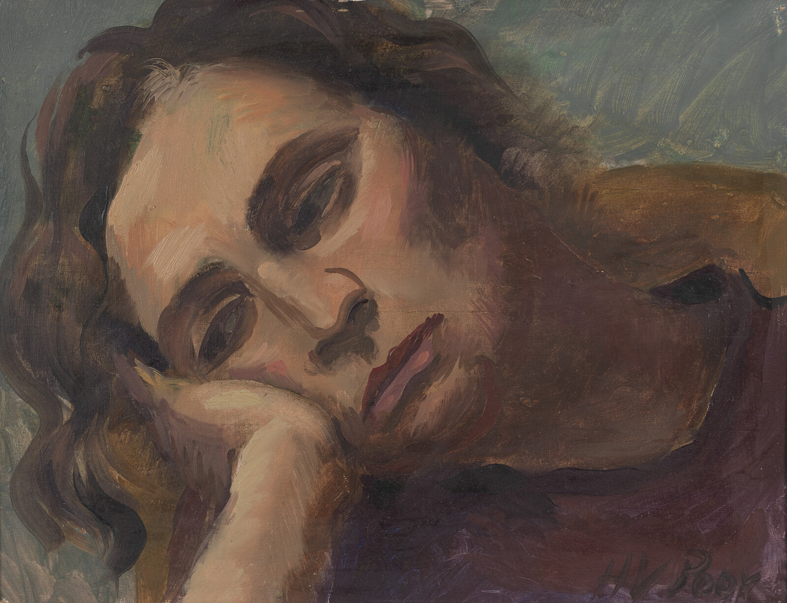 A reclining woman rests her head on her hand with closed eyes and a tired expression.