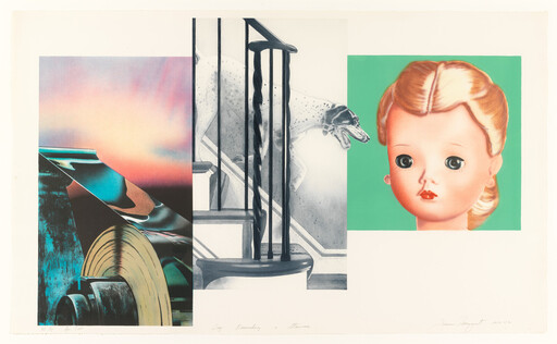 Large vintage doll head beside a dog descending stairs behind a banister in a collage.