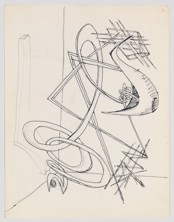 Abstract black ink drawing showing looping ribbon shapes intertwined with angular frames and a crescent form.