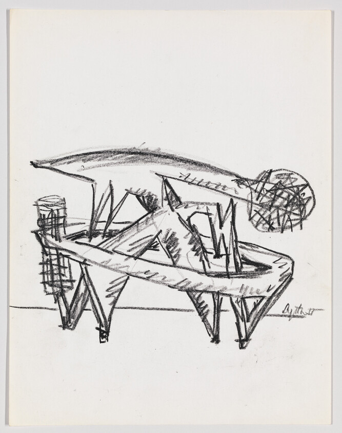 Charcoal sketch of an abstract architectural structure with angled supports, a curved ramp, and a textured sphere.