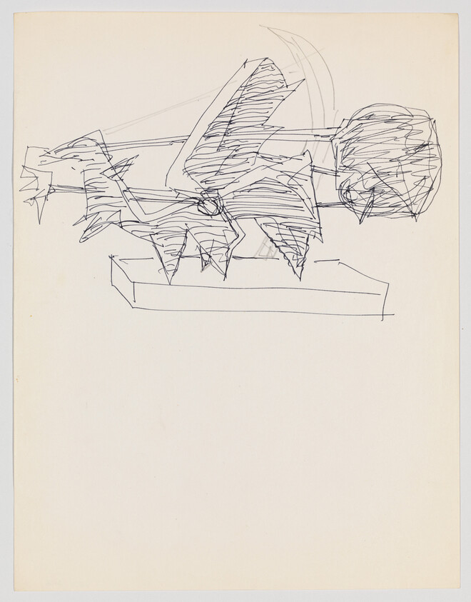 Loose pen sketch of an abstract winged sculpture mounted on a rectangular base.