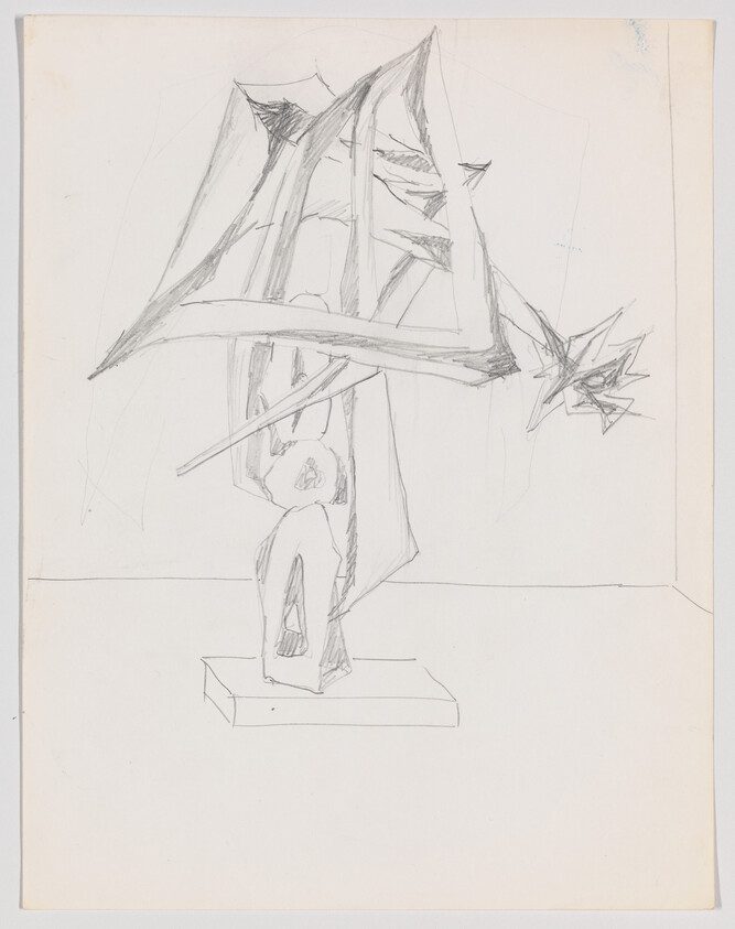 Pencil sketch of an abstract geometric sculpture standing on a rectangular pedestal with a star shape.