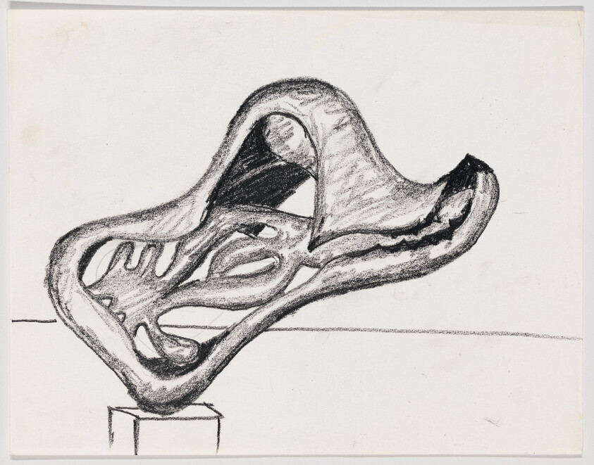 Abstract organic sculpture with flowing hollow forms drawn in charcoal resting on a small pedestal.
