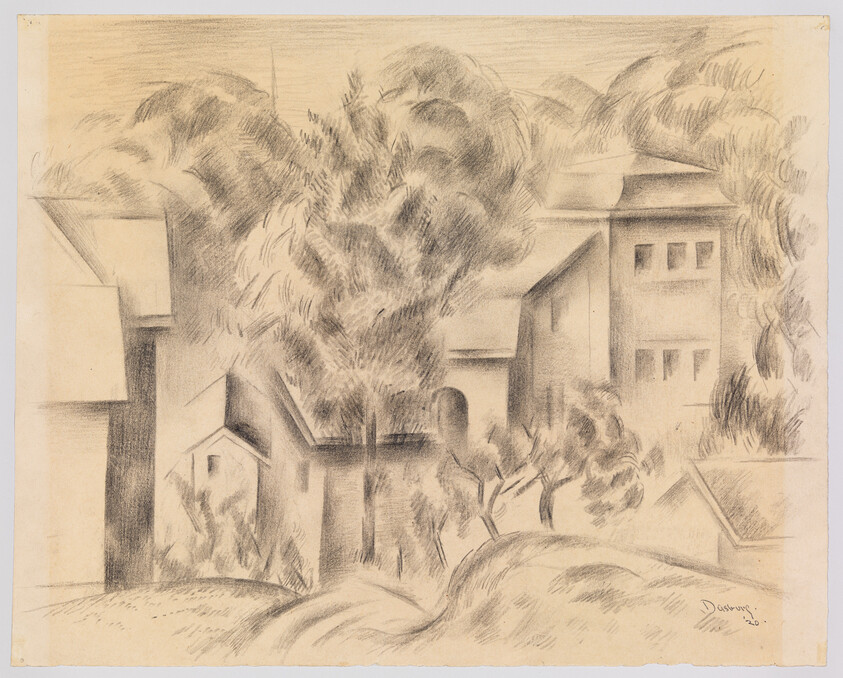 Cluster of houses and tall trees sketched in soft charcoal on paper, with rolling foreground hills.