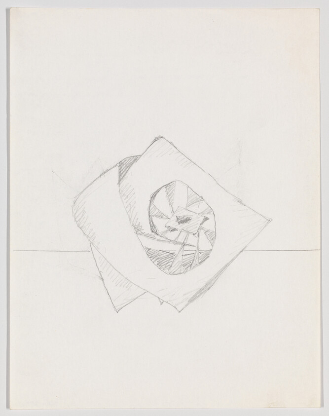 A pencil sketch on white paper depicting an abstract geometric design. The central figure appears to be a square rotated at an angle with a circular pattern inside it, resembling a fan or wheel. The square has a three-dimensional effect, with shading indicating depth. Light pencil lines suggest the artist's preliminary guidelines for the composition.