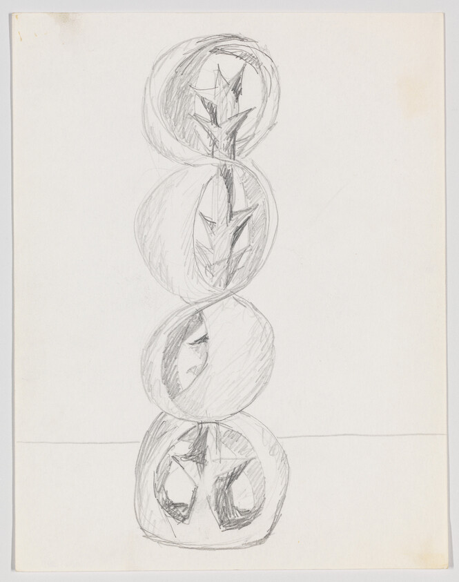 Four stacked circular shapes with leaf-like cutouts are sketched in pencil on paper.