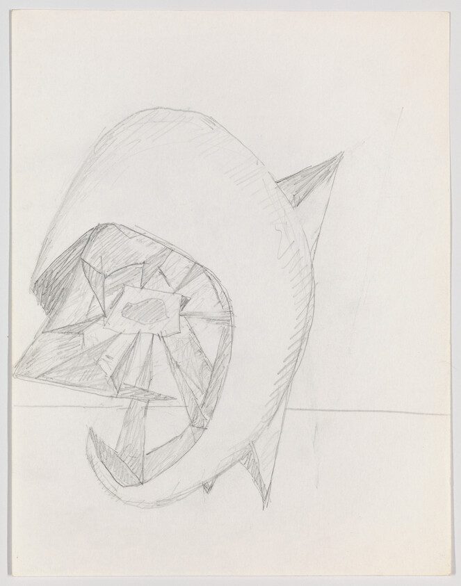 A pencil sketch of a large curved shark head with geometric teeth and an open mouth.