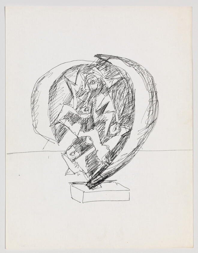 A sketch shows an abstract heart-shaped sculpture with jagged internal forms mounted on a rectangular base.