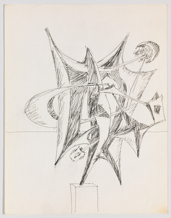 Abstract spiky sculpture sketch with sharp overlapping forms drawn above a small rectangular pedestal.