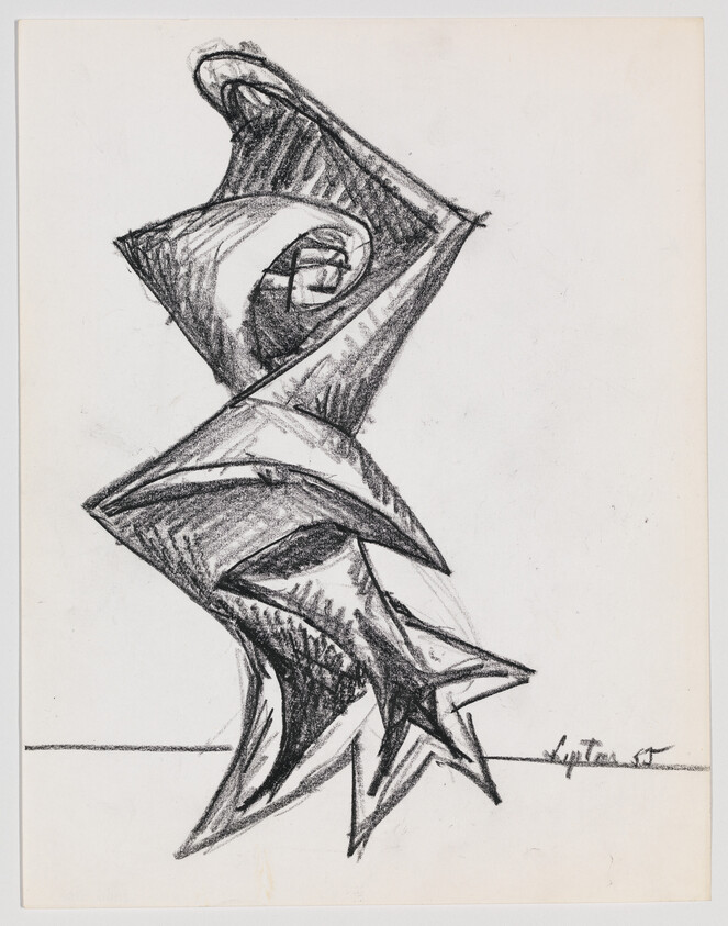 Pencil sketch of an abstract geometric figure with sharp angles and overlapping shapes, resembling a fragmented sculpture. The drawing is monochromatic and exhibits dynamic movement through its twisted form. There's a signature at the bottom right corner.