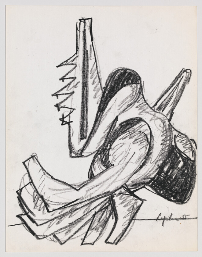 Abstract charcoal sketch of a seated humanoid figure with an extended arm and angular forms.