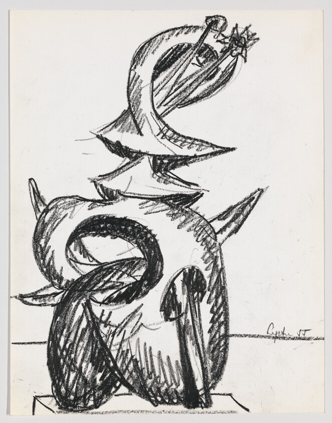 A sketch of an abstract figure with dynamic, flowing lines and shapes, resembling a combination of organic and geometric forms. The drawing is executed in black on a white background, with the artist's signature at the bottom right.