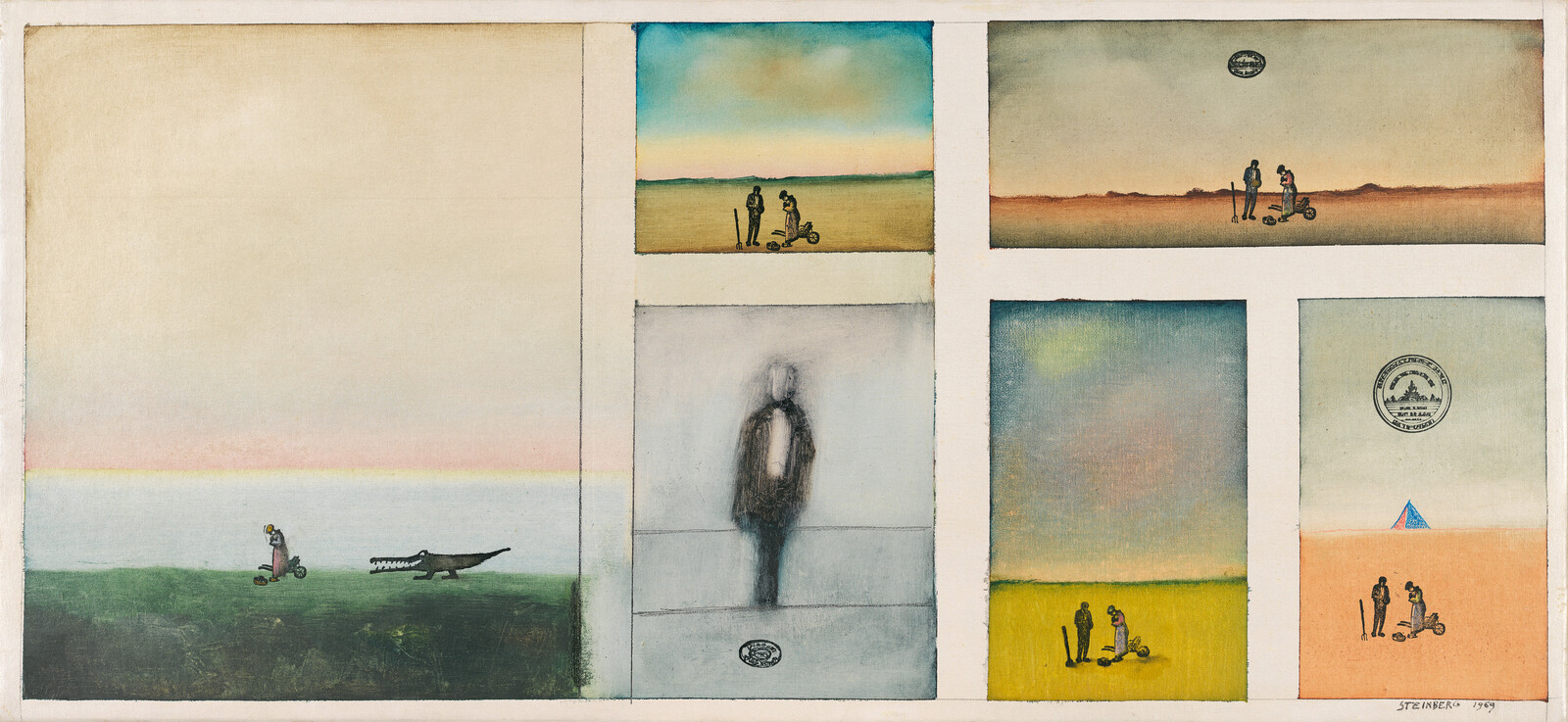 Small figures in multiple panels examine a fallen scooter while a crocodile approaches on grass.