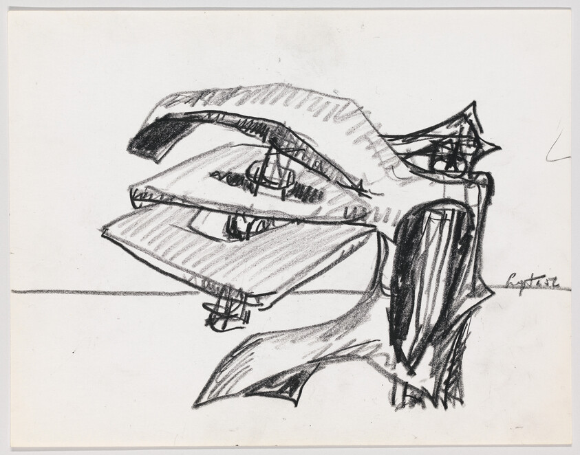 Abstract charcoal drawing of layered mechanical shapes resembling a profile with stacked plates and bolts.