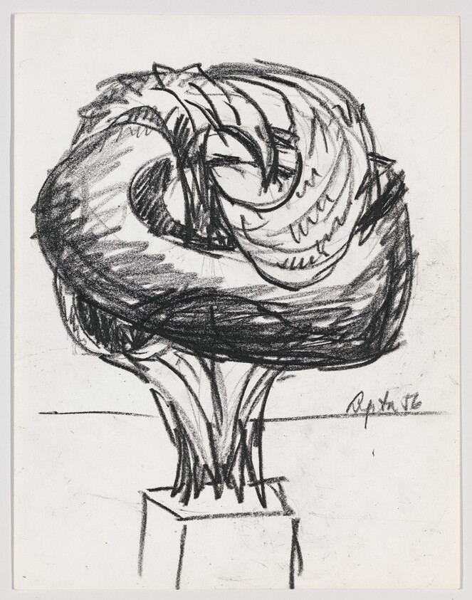 Charcoal sketch of a large twisted loop sculpture mounted on a pedestal with a flared base.